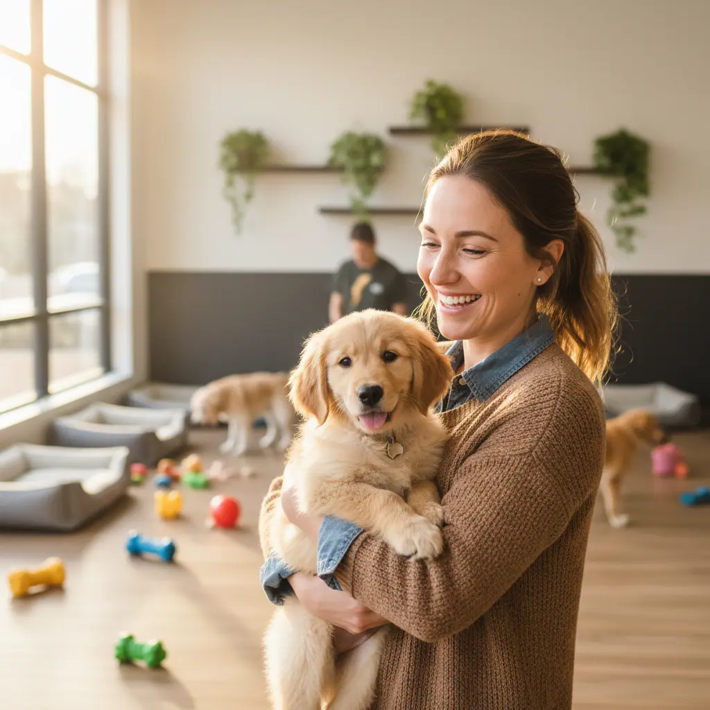 Owner of HappyTails Care holding a puppy