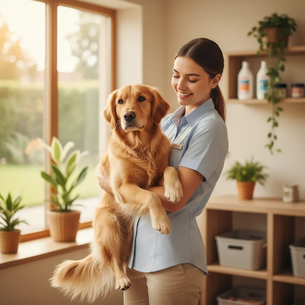 Happy staff member holding a dog