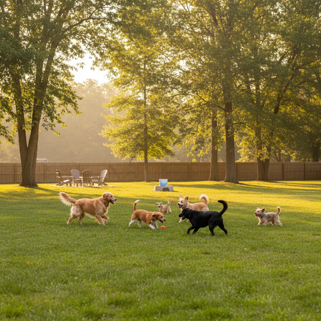 Sunny outdoor pet yard with grass