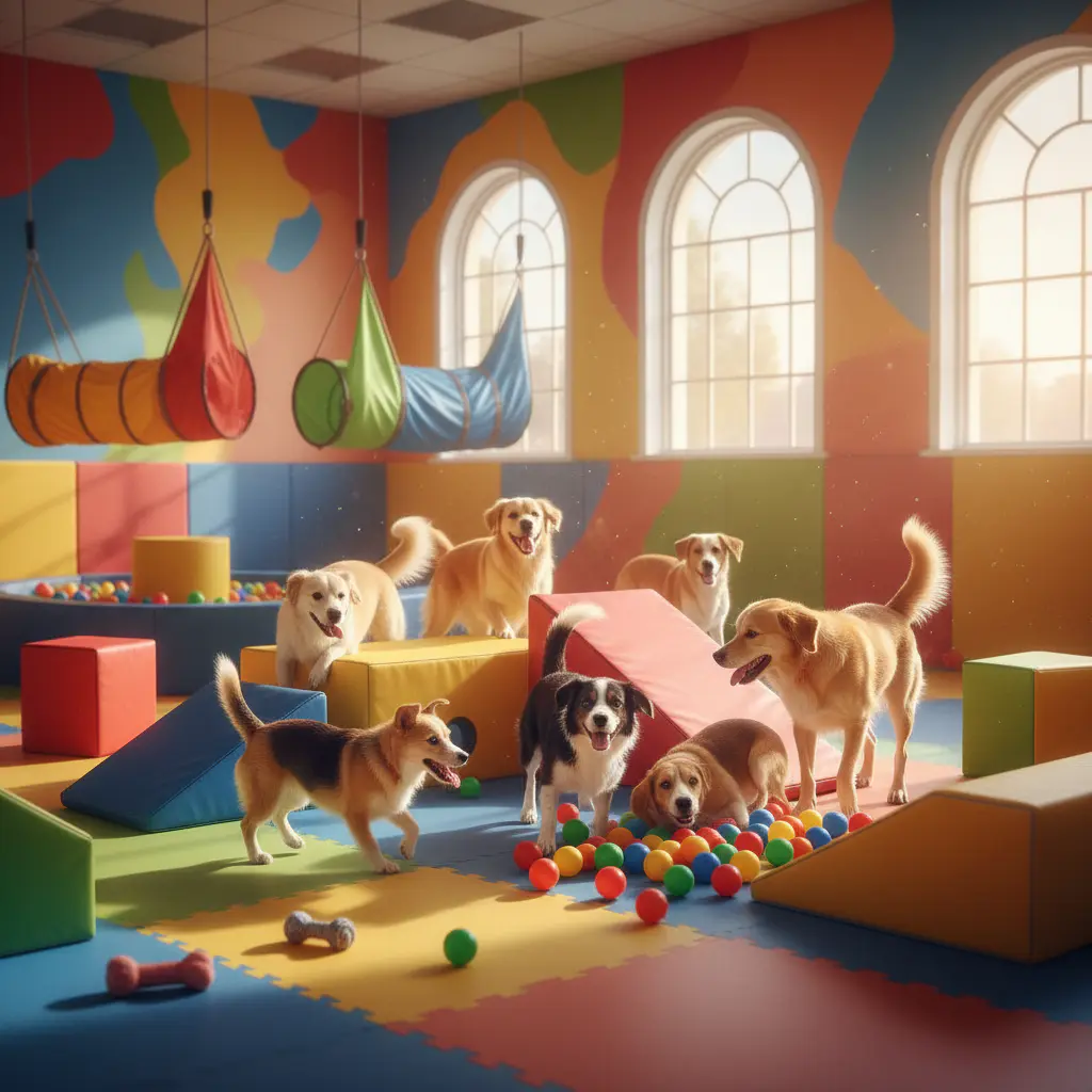 Friendly dogs playing in colorful indoor area