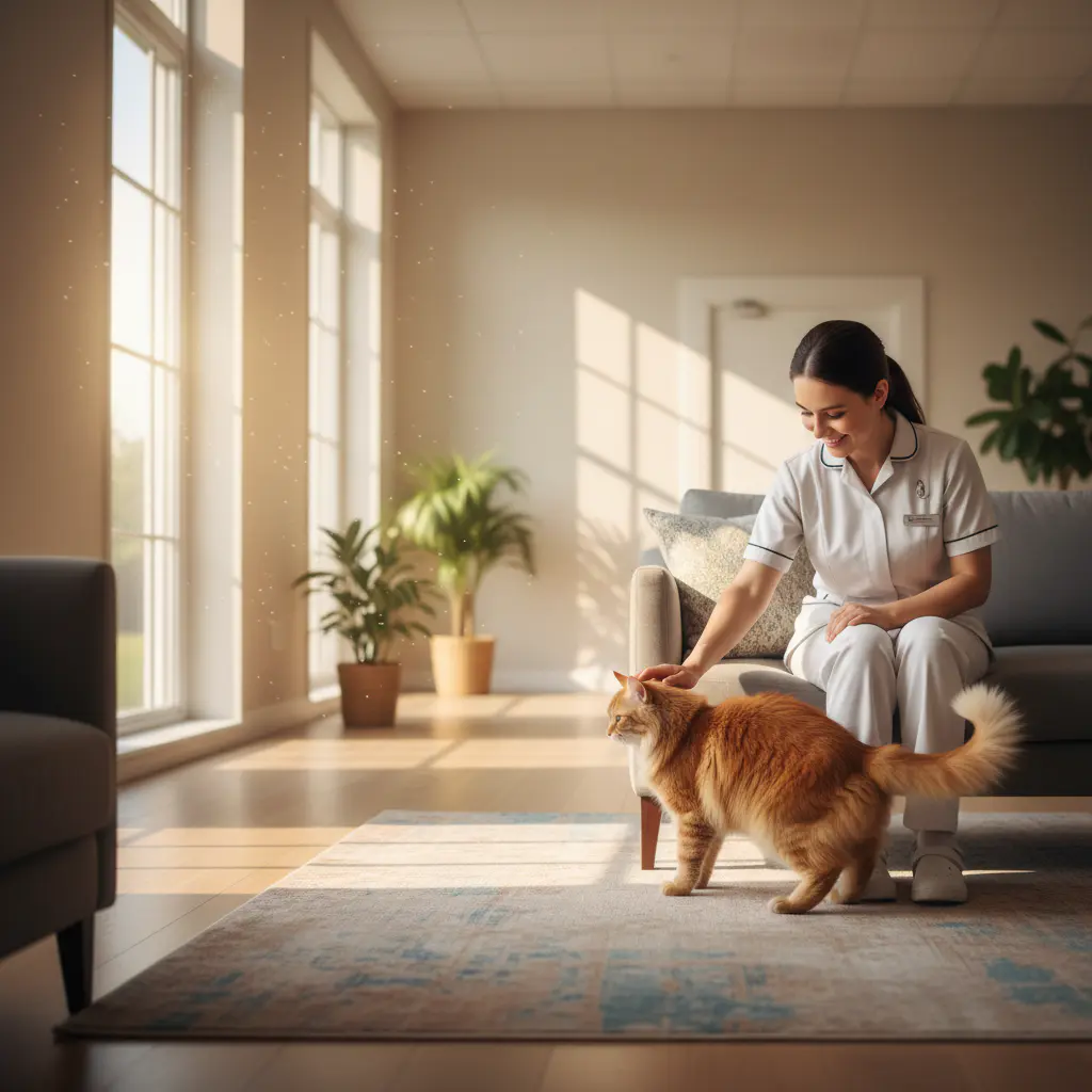 Staff petting a cat in a sunlit room