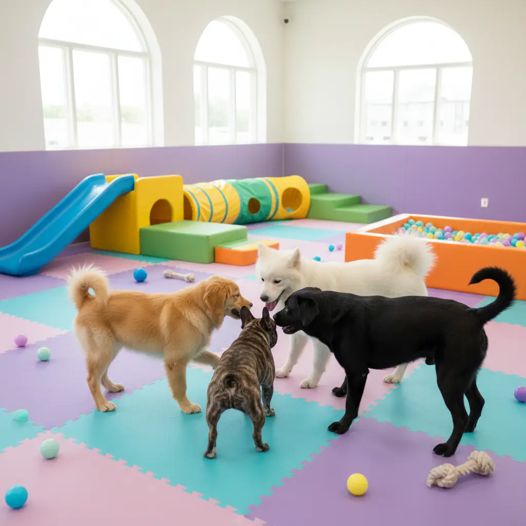 Staff interacting with dogs in indoor play area