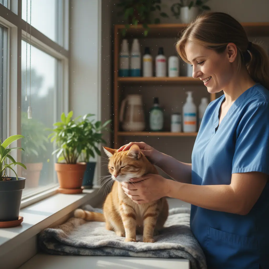 Caring staff member petting a happy cat