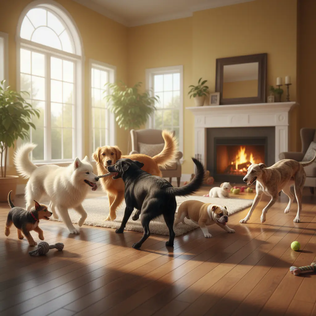 Group of dogs playing indoors