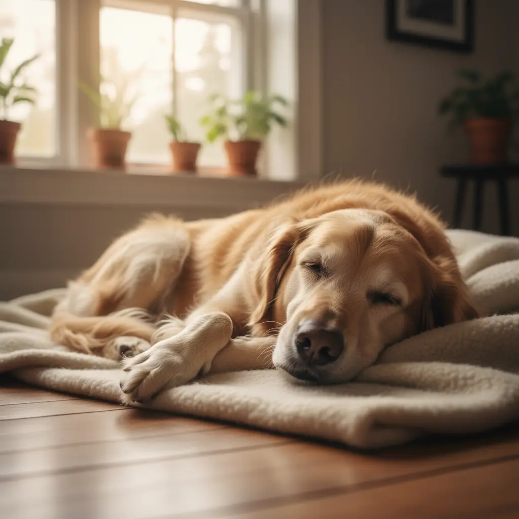 Senior dog sleeping comfortably