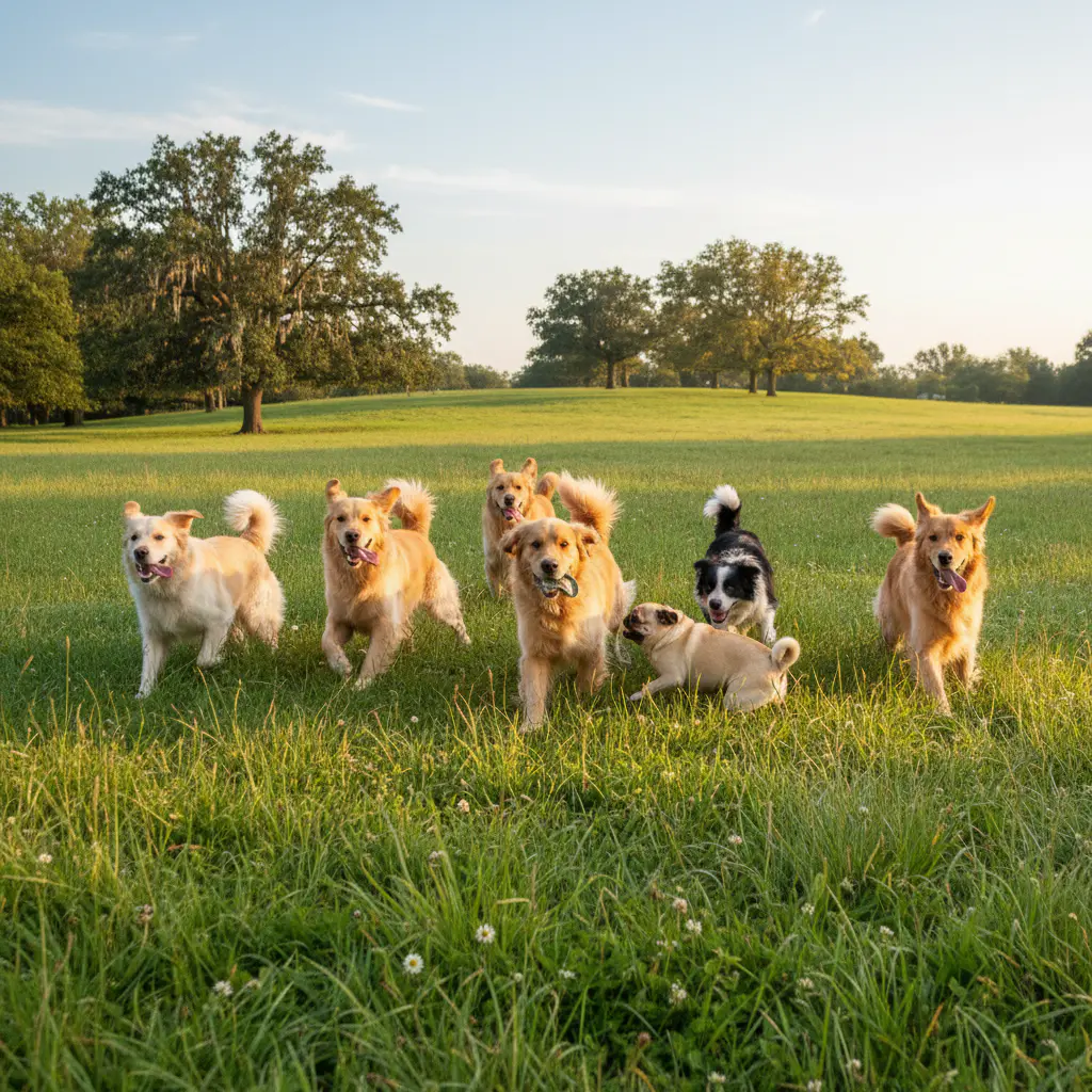 Happy dogs running playfully in a green park